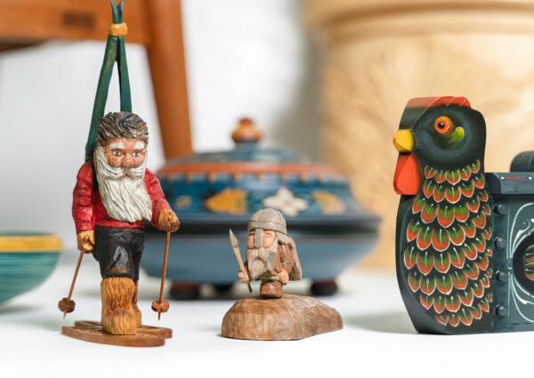 (Left) “Mountain Man” by Greg Akre; “Gunnar” by Alfred Lompe; and “Chicken Tine” by Jerry Johnson. Vesterheim Norwegian-American Museum and Folk Art School, in Decorah, Iowa. (Courtesy of the Vesterheim Norwegian-American Museum and Folk Art School, in Decorah, Iowa)