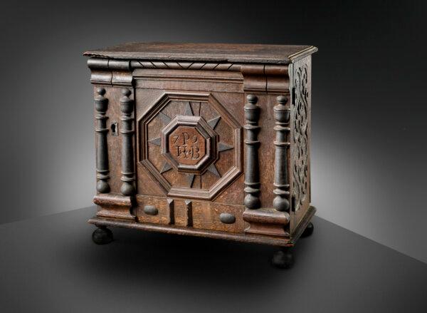 Valuables cabinet, 1679, by James Symonds. Owned by Joseph and Bathsheba Pope. Oak, maple, iron, and paint. Museum purchase, made possible by anonymous donors, 2000, Peabody Essex Museum, Salem, Mass. (Dennis Helmar/Courtesy of Peabody Essex Museum, Salem, Mass.)