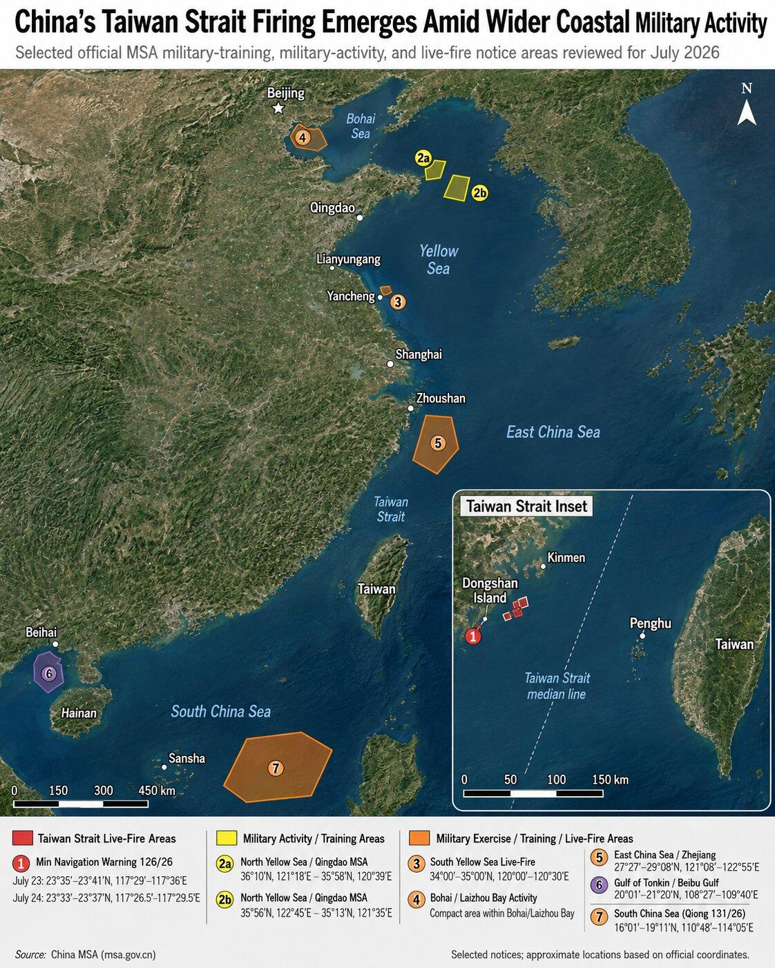 A partial list of Chinese military-training, military-activity, and live-fire areas announced in official maritime navigation warnings in July 2026. (Arthur Zhang/The Epoch Times)