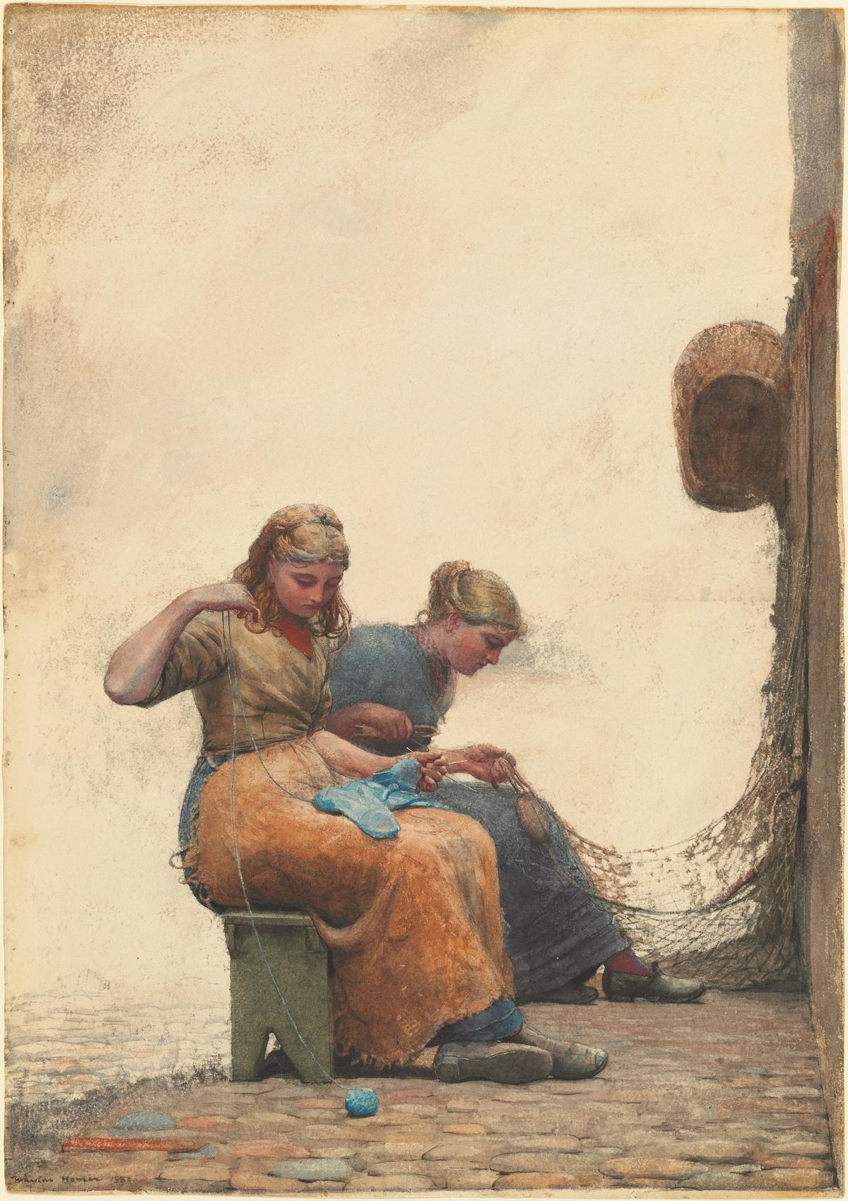 "Mending the Nets," 1882, by Winslow Homer. Transparent and opaque watercolor over graphite on wove paper; 27 3/8 inches by 19 1/4 inches. National Gallery of Art, Washington. (Courtesy of PMA)