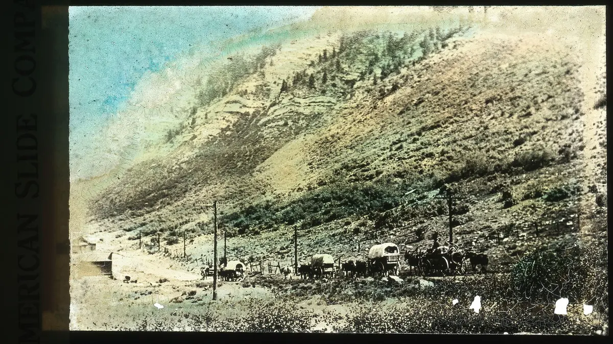 A wagon train in an unknown location; strings of oxen, wagons, and brave settlers set out in dangerous territory for the chance to make a better life. (Public Domain)