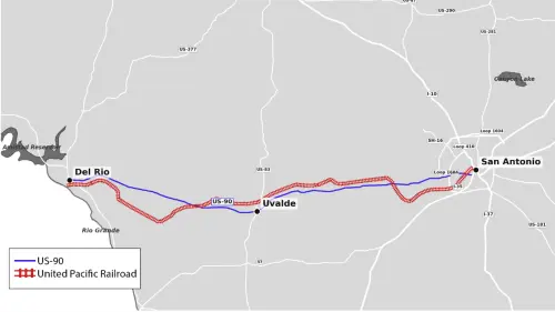 Map depicting US-90 and the Union Pacific Railroad system between Del Rio and San Antonio. (U.S. DOJ)