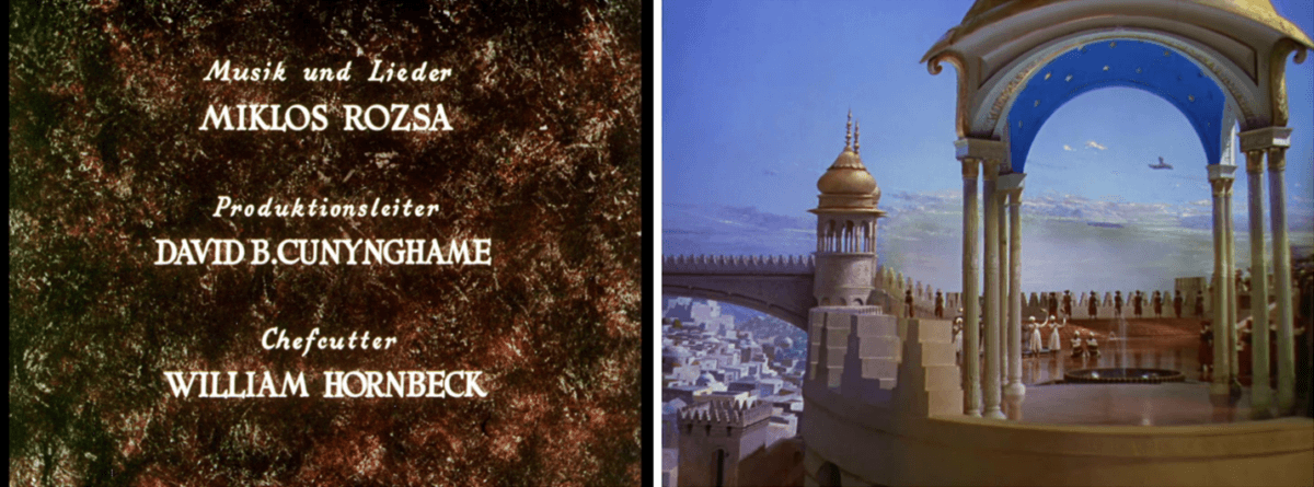 (L) Credits from “Thief of Bagdad” and (R) Scene from “Thief of Bagdad.” (United Artists)