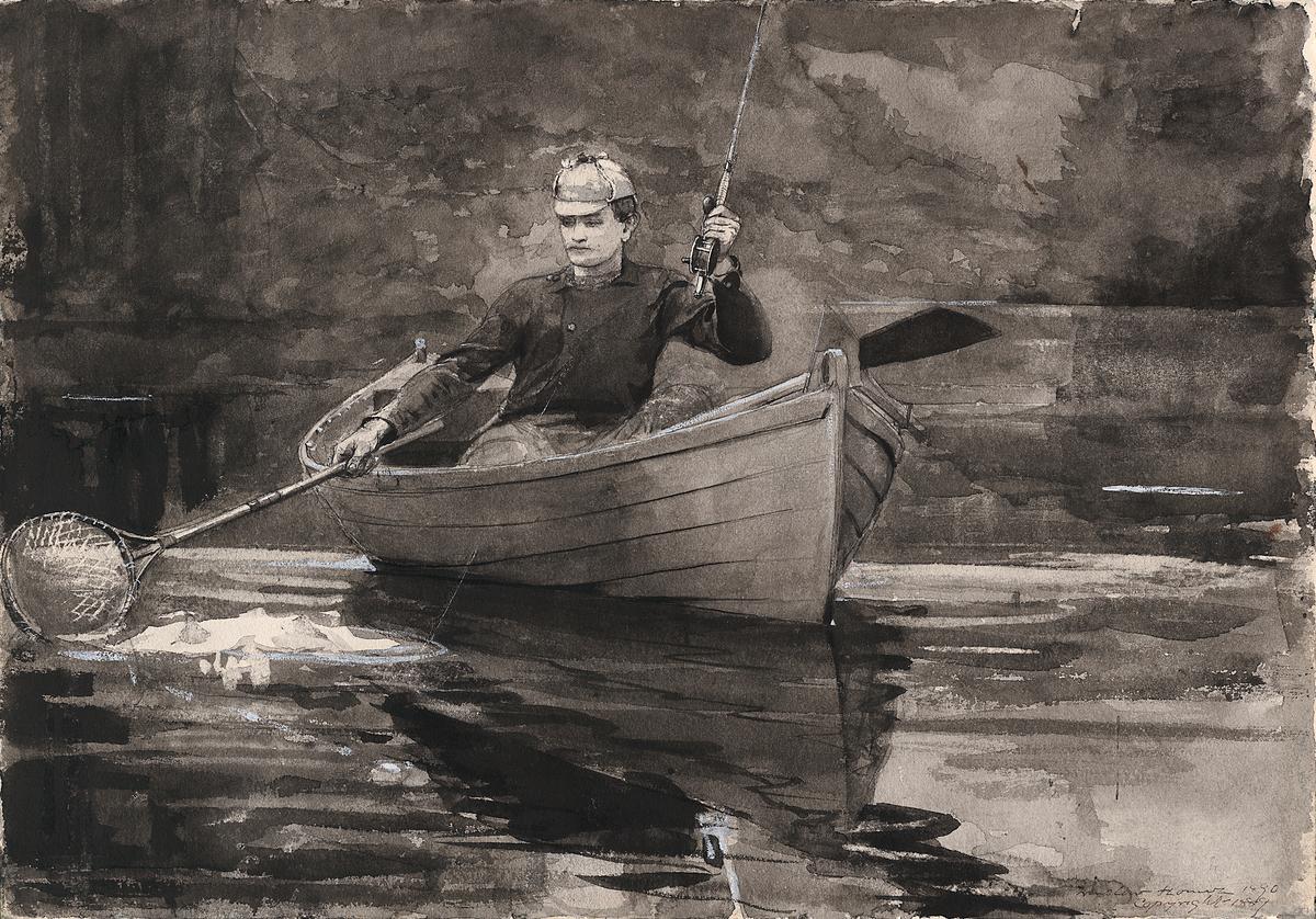 "Netting the Fish," 1889, by Winslow Homer. Transparent watercolor, heightened with opaque white watercolor, with rewetting, blotting, and scraping, over graphite, on moderately thick, cream wove paper, 13 15/16 x 20 inches. The Art Institute of Chicago. (Courtesy The Art Institute of Chicago)