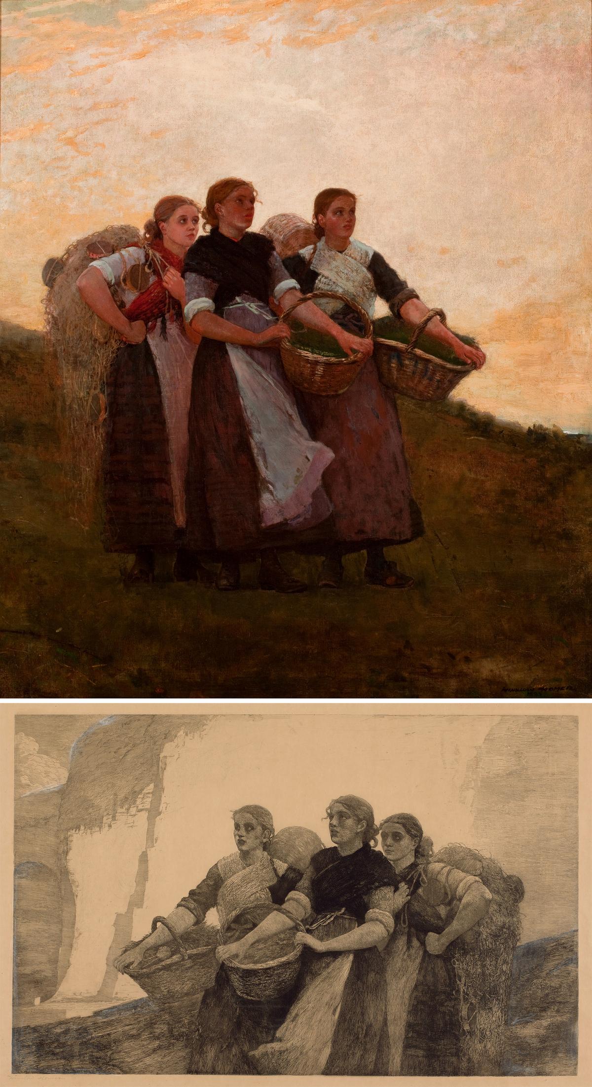 (Top) "Hark! The Lark," 1882, by Winslow Homer. Oil on canvas; 36 3/8 inches by 31 3/8 inches. Milwaukee Art Museum. (Courtesy John R. Glembin) (Bottom) "A Voice From the Cliffs," 1888, by Winslow Homer. Etching and aquatint heightened with white on paper; 19 1/8 inches by 30 inches. Bowdoin College Museum of Art, Brunswick, Maine. (Courtesy of PMA)