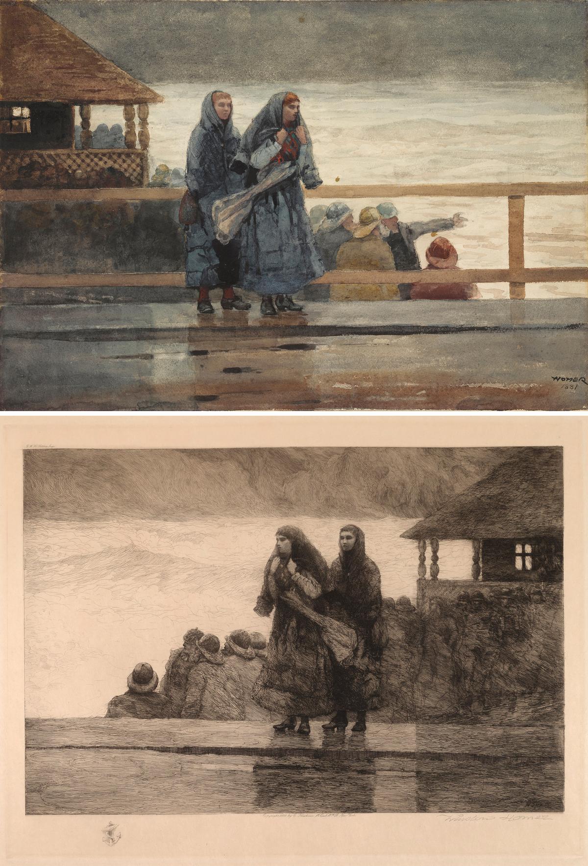 (Top) "Perils of the Sea," 1881, by Winslow Homer. Watercolor over graphite on cream wove paper, sheet; 14 5/8 inches by 20 15/16 inches. Clark Art Institute, Williamstown, Massachusetts. (Courtesy of PMA) (Bottom) "Perils of the Sea," 1888, by Winslow Homer. Etching; 13 11/16 inches by 20 1/4 inches. Portland Museum of Art, Maine. (Petegorsky/Gipe Photo)