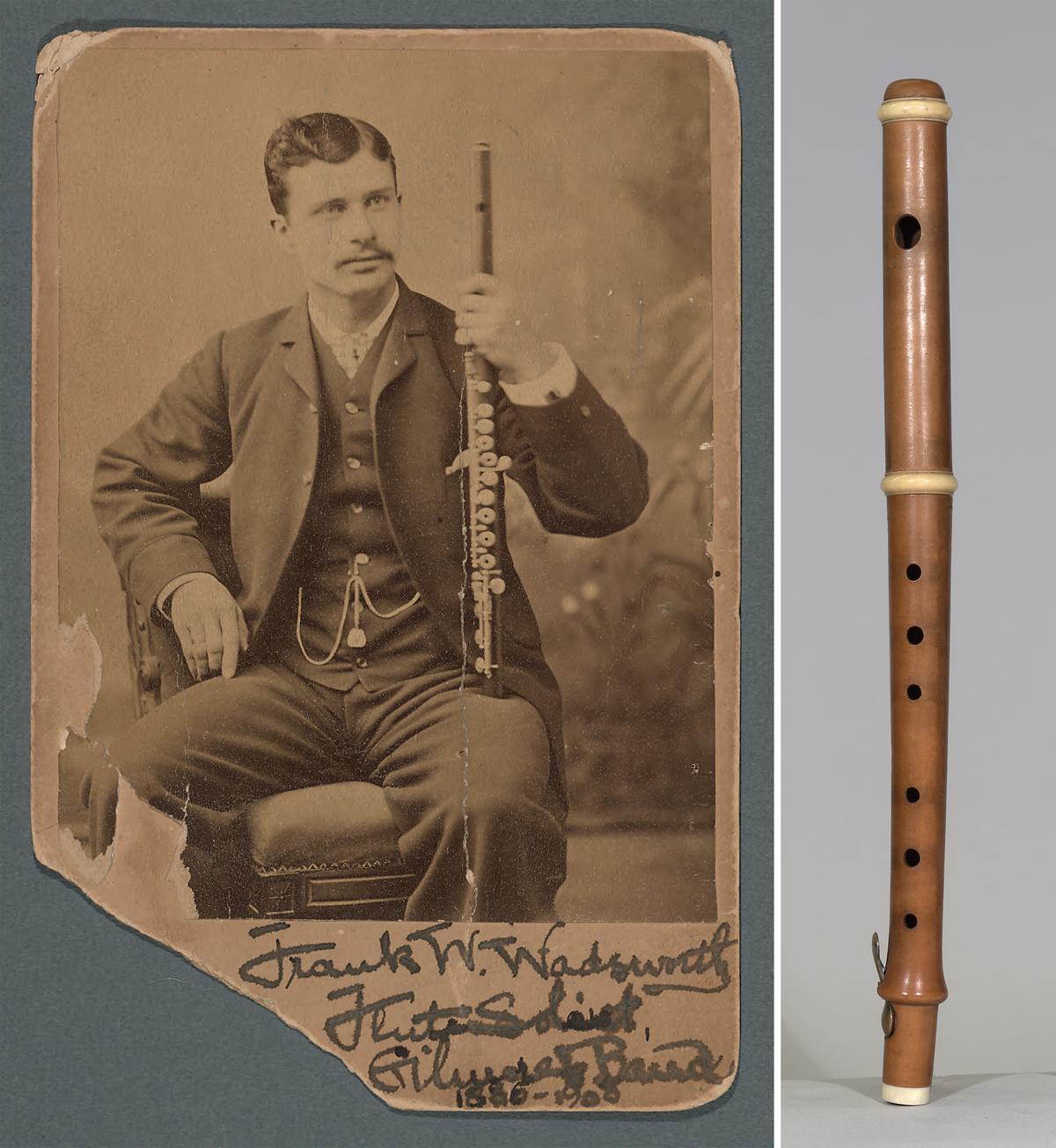 (Left) A photograph of Frank Wadsworth from Sousa's Band. (Right) Piccolo in C that was originally made for Frank Wadsworth, by William S. Haynes, in 1897. Library of Congress. (Public Domain)