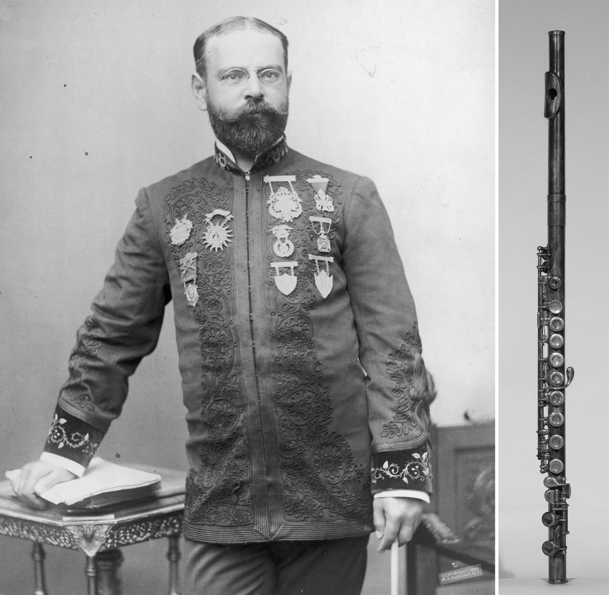 (Left) A portrait of composer John Philip Sousa, circa 1895. (Right) An 1896 William S. Haynes's flute in E-flat (Low Pitch) that was used in Sousa's Band. Library of Congress. (Public Domain)