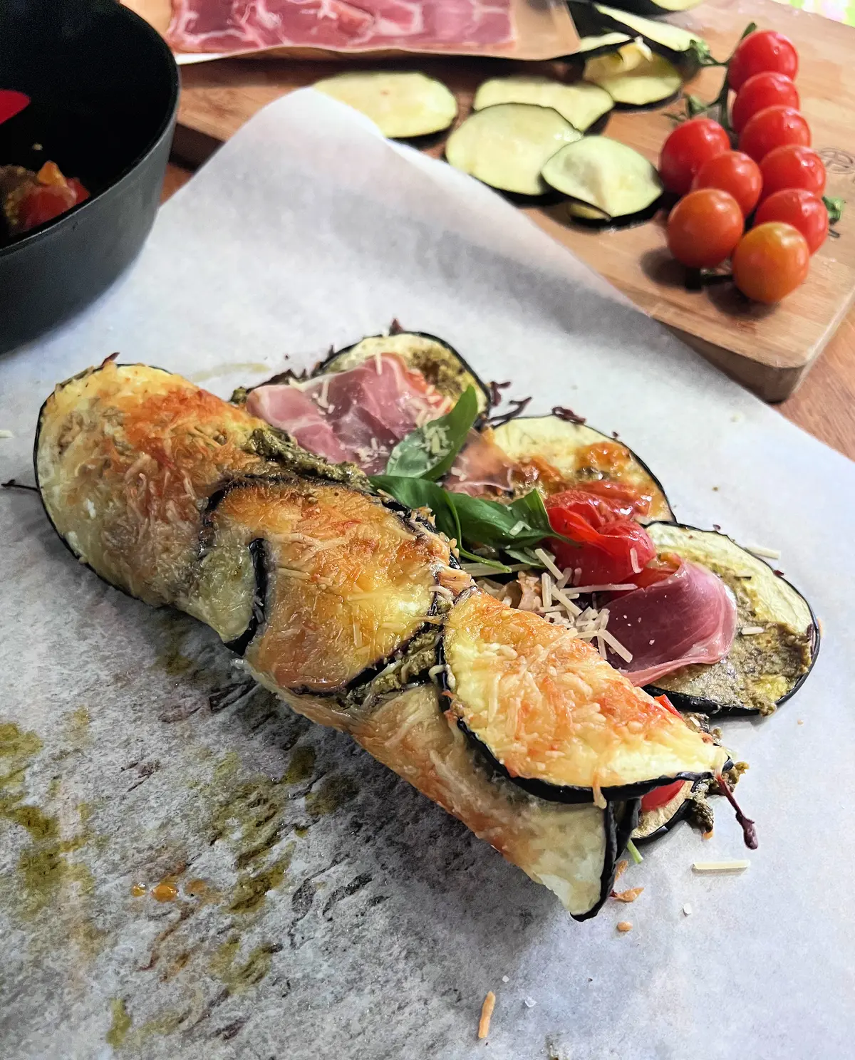 Baked eggplant bound with melted cheese is used as a flatbread in this good-for-you, mostly vegetarian wrap. (Gretchen McKay/Pittsburgh Post-Gazette/TNS)