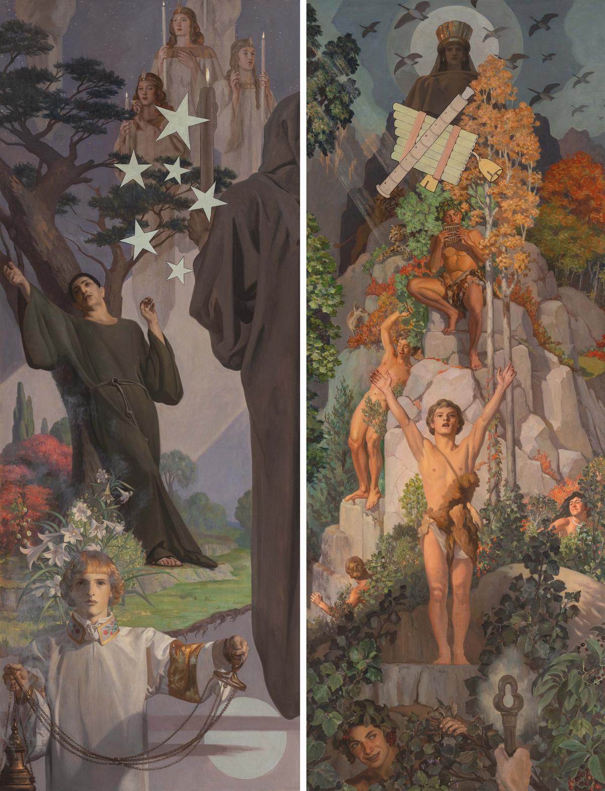 (Left) “I was heavy with the even, When she lit her glimmering tapers, Round the day’s dead sanctities,” Panel XIII, and (Right) “I laughed in the morning’s eyes,” Panel XIV from "A Pictorial Sequence," 1941–1956, by R.H. Ives Gammell based on “The Hound of Heaven.” Oil on canvas; 79 inches by 31 inches. Gift of the R.H. Ives Gammell Studios Trust, Collection of Maryhill Museum of Art, Washington. (Maryhill Museum of Art)