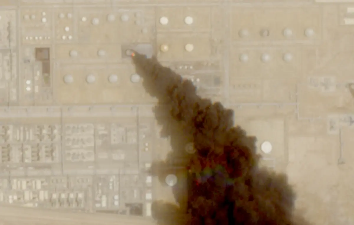 A satellite image shows a trail of smoke rising from an oil facility in Jizan, Jazan province, Saudi Arabia, July 26, 2026. (European Union/Copernicus Sentinel-2/Reuters)