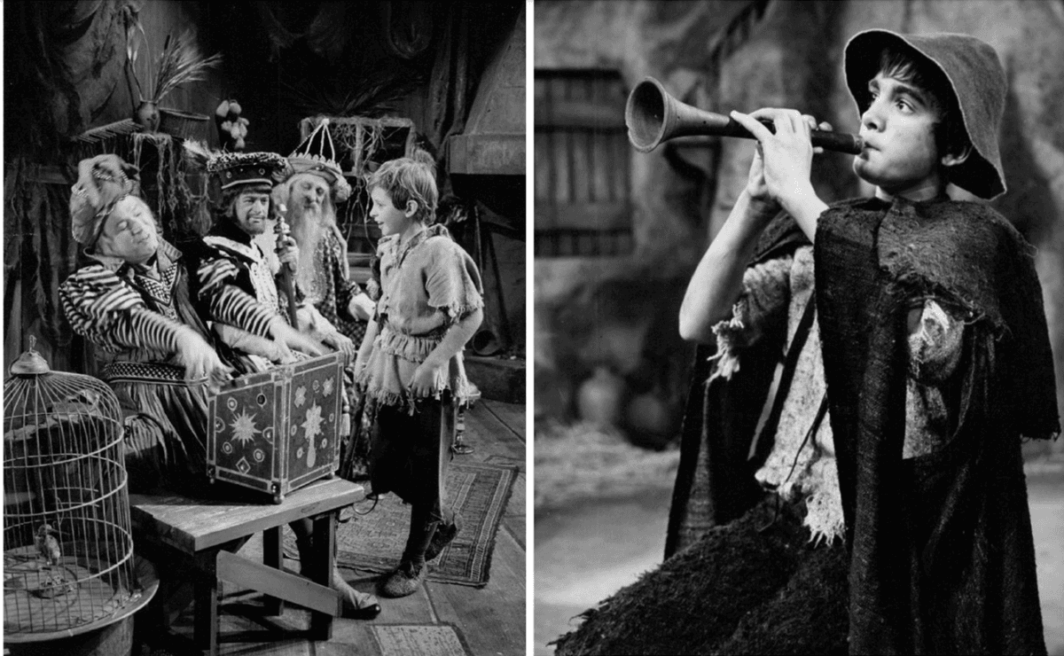 (Left) Live presentation in 1958 of “Amahl and the Night Visitors.” (L–R) The kings Andrew McKinley, Leon Lishner, and David Aiken with Amahl (Kirk Jordan). (Right) Kurt Yaghjian in the title role of the opera “Amahl and the Night Visitor,” 1965. (Public Domain)