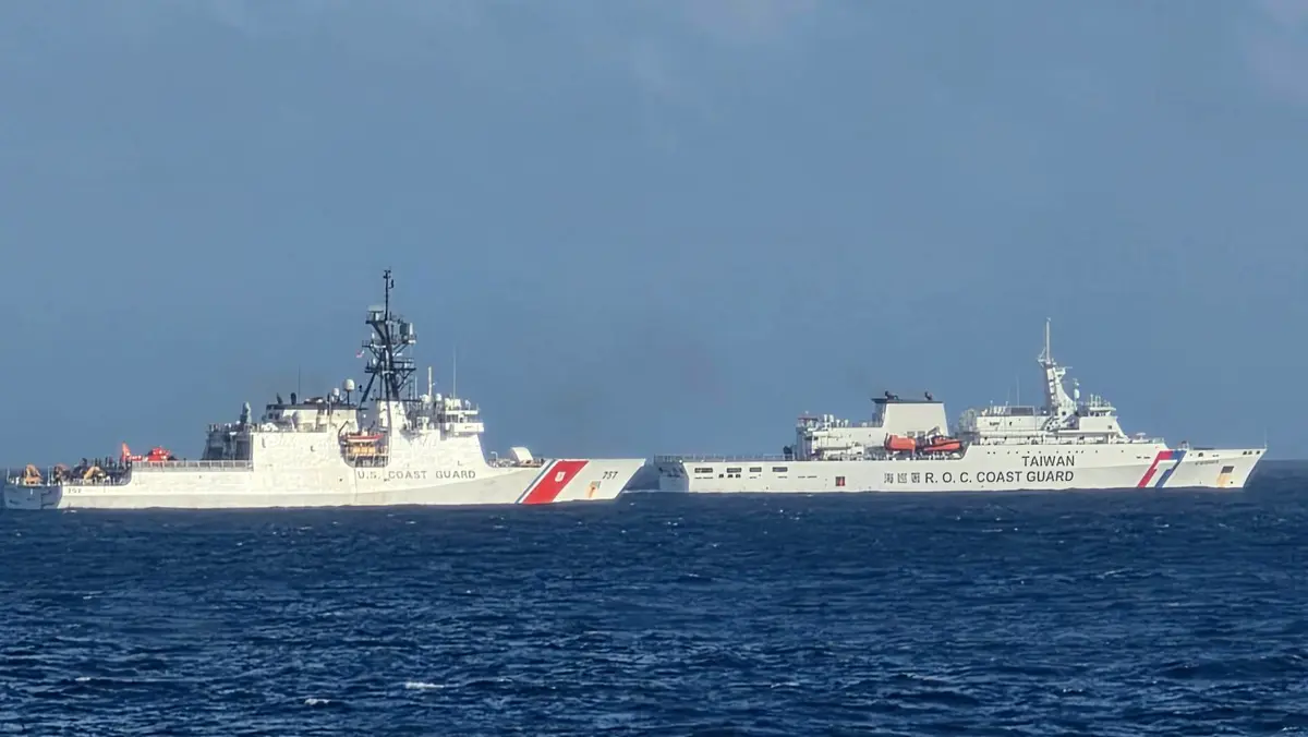 Taiwanese Coast Guard patrol vessel Taipei sails in formation with the U.S. Coast Guard Cutter Midgett in an undated photo released by Taiwan’s Coast Guard Administration on July 28, 2026. (Courtesy of Taiwan Coast Guard Administration)
