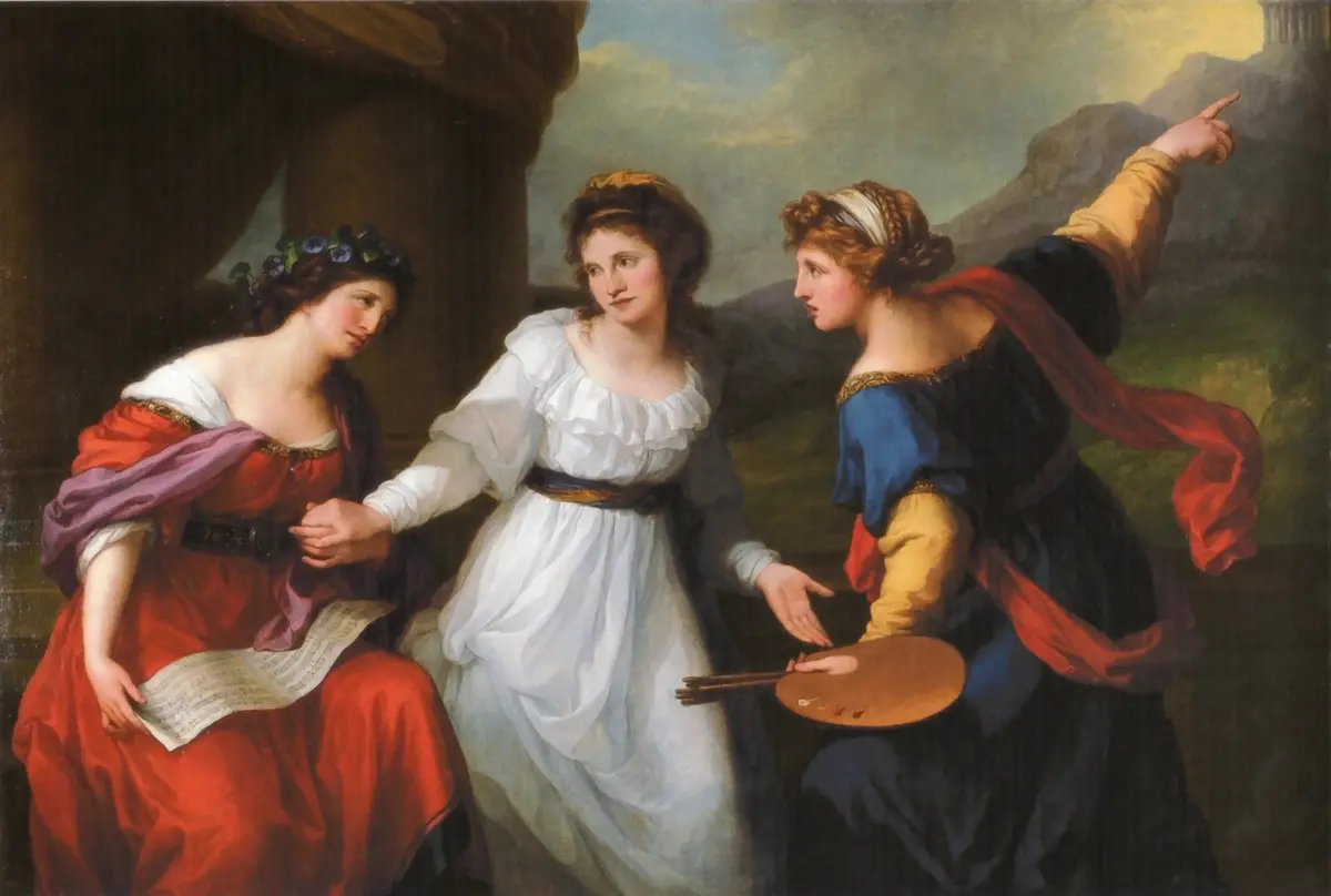 Self-portrait of the artist hesitating between the arts of music and painting, 1794, by Angelica Kauffmann. Oil on canvas; 70 3/4 inches by 98 inches. National Trust, U.K. (Public Domain)