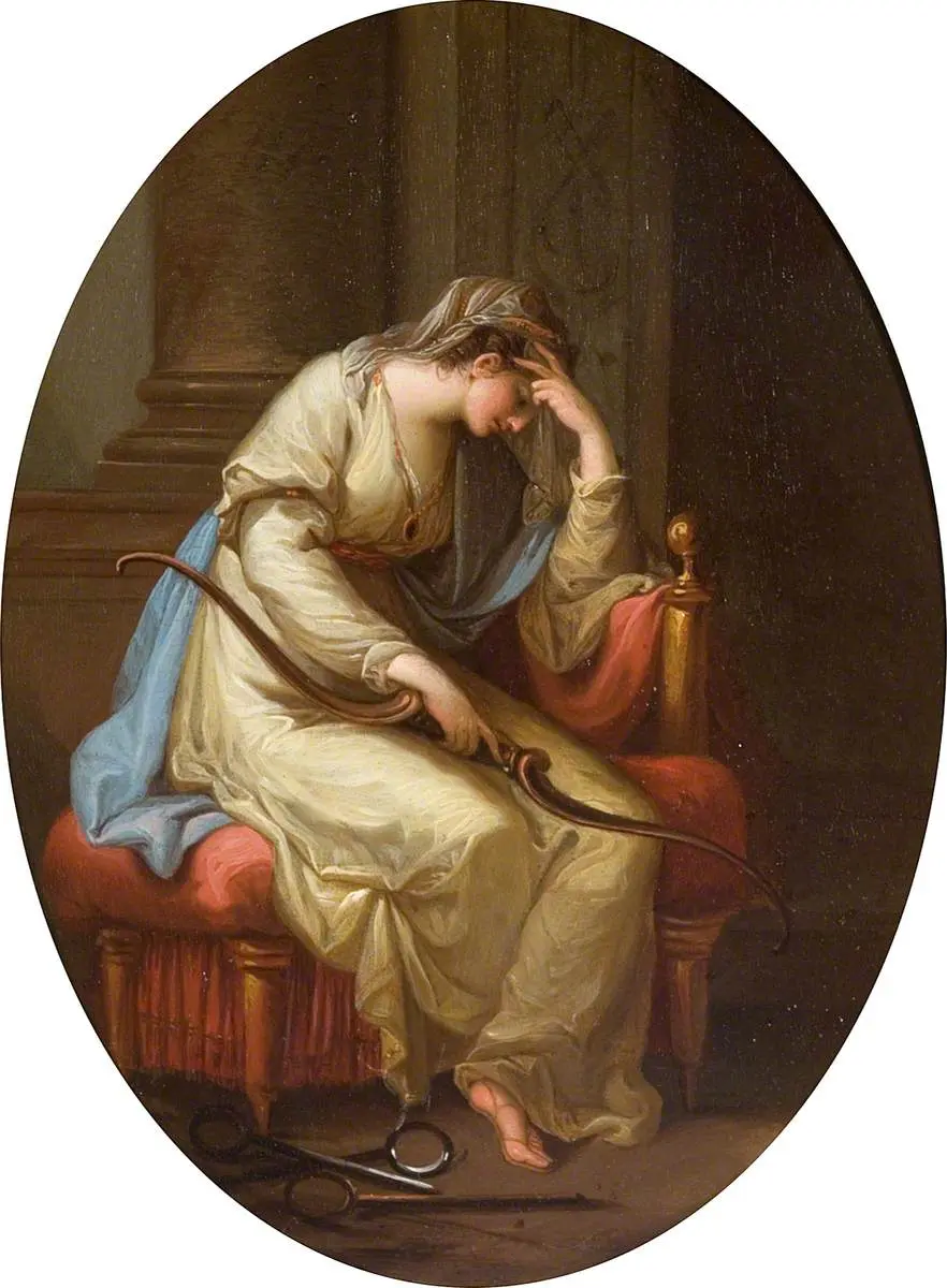 "Penelope Weeping Over the Bow of Ulysses," 1779 or before, by Angelica Kauffmann. Oil on copper; 10 inches by 7 3/4 inches. Wolverhampton Art Gallery, U.K. (Public Domain)