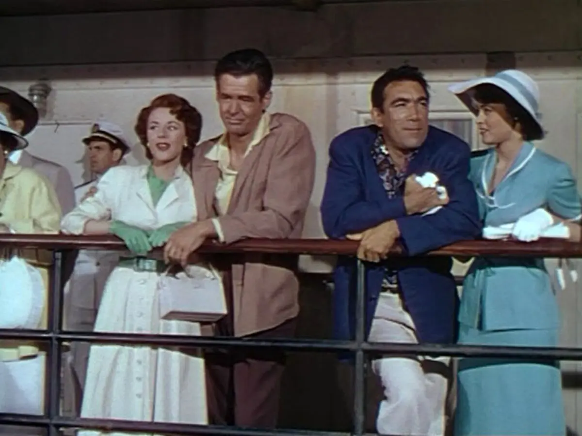 L–R) Terry McBride (Mala Powers), Brad Carlton (Robert Ryan), Tony Bartlett (Anthony Quinn), and Venita (Suzan Ball), in “City Beneath the Sea.” (GJW+)