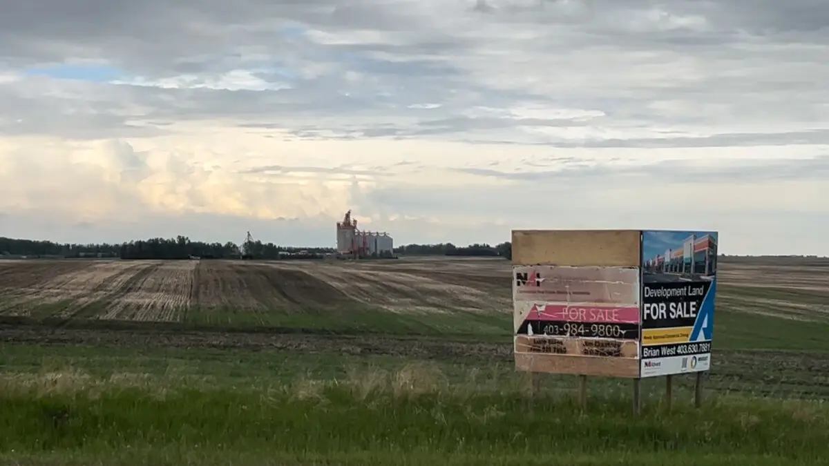 The area of Olds, Alta., where Synapse Real Estate Corp. is planning a data centre complex with 1.4 gigawatts of natural gas-fired power generation, is shown on June 4, 2026. (The Canadian Press/Lauren Krugel)