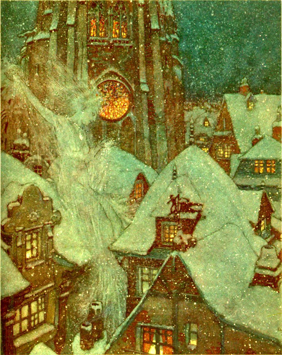 Edmund Dulac illustrated this image of the Snow Queen flying in the winter night, in "Stories From Hans Christian Andersen." Internet Archive. (Public Domain)