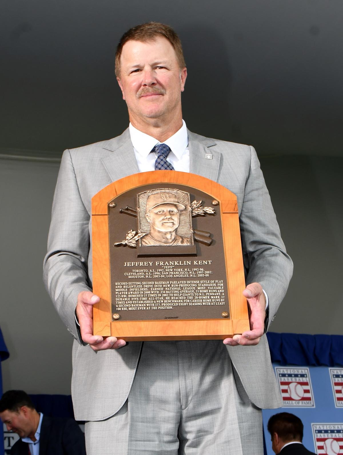 Jeff Kent holds his Baseball Hall of Fame plaque after his enshrinement in Cooperstown on July 26, 2026. (Courtesy of George Napolitano)