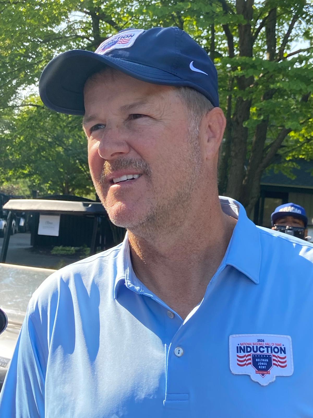Jeff Kent takes questions from the media during the Baseball Hall of Fame Golf Tournament in Cooperstown on July 25, 2026. (Courtesy of Donald Laible)