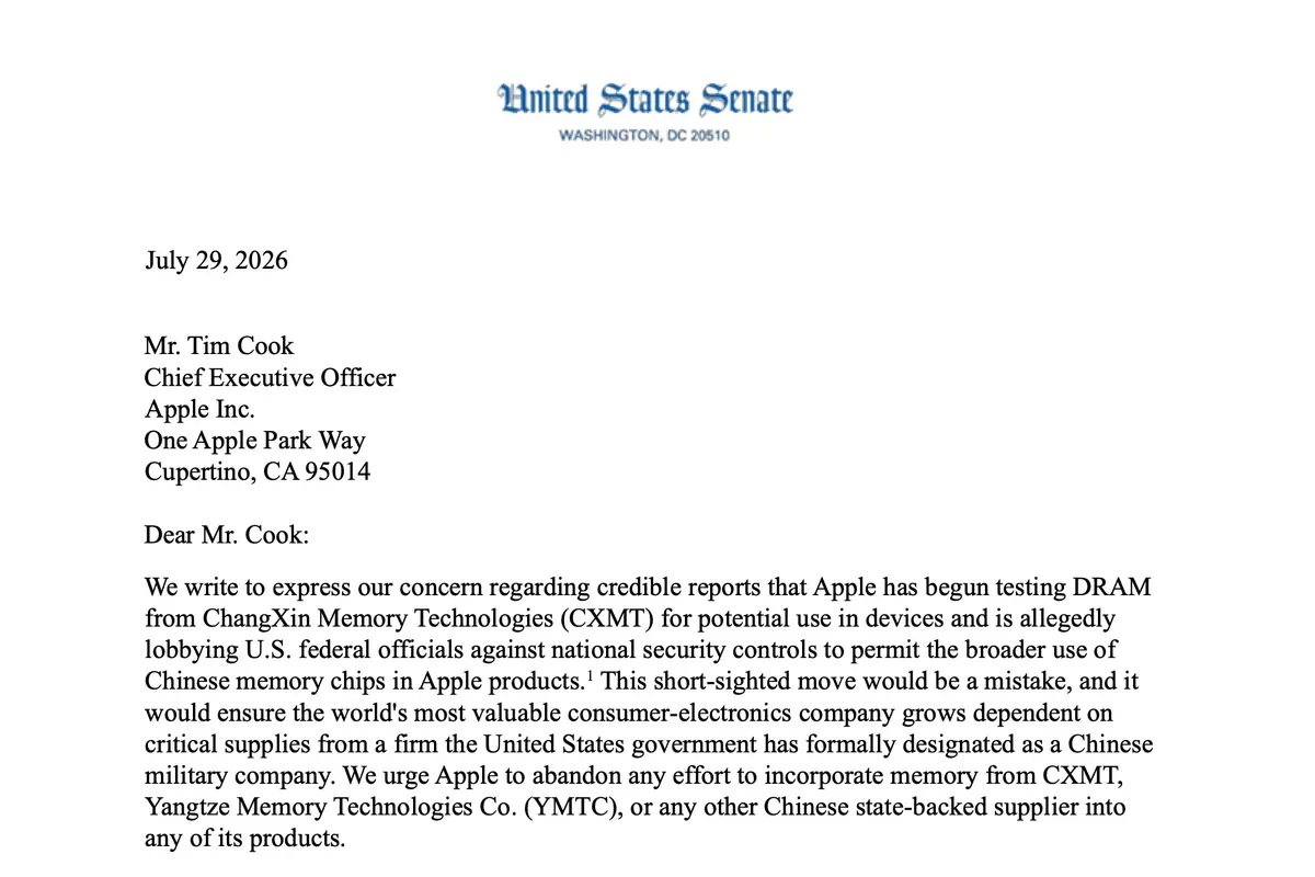 Seven Senators sent a letter on July 29, 2026, to Apple CEO Tim Cook, urging the company to commit that no memory chips produced by Chinese military-linked companies CXMT or YMTC will be used in any Apple product sold anywhere in the world. (Screenshot via The Epoch Times)