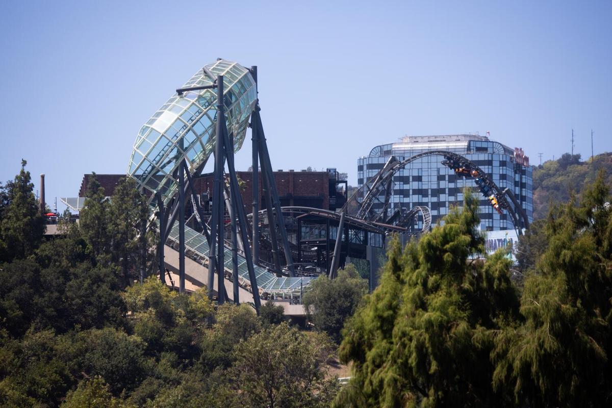 The Fast & Furious: Hollywood Drift roller coaster seen from the Toluca Lake neighborhood on Thursday, July 23, 2026 in Los Angeles, CA. The Fast & Furious: Hollywood Drift roller coaster at Universal Studios Hollywood has resulted in noise complaints from the surrounding neighbors and concerns over the screaming. (Kayla Bartkowski/Los Angeles Times/TNS)