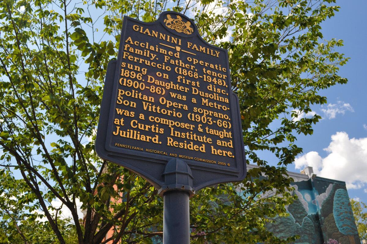 Historical marker in Philadelphia for the acclaimed operatic Giannini Family: Father, tenor Ferruccio (1868–1948), daughter Dusolina (1899–1986), and son Vittorio. (<a href="https://commons.wikimedia.org/wiki/User:Nick-philly">Nick-philly</a>/<a href="https://creativecommons.org/licenses/by-sa/4.0">CC BY-SA 4.0</a>)