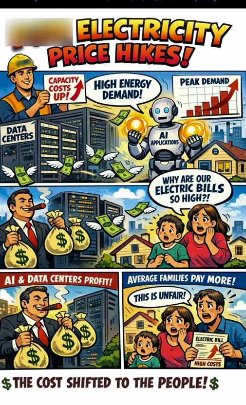 ChatGPT生成的英文漫畫截圖暗示,人工智能數據中心的建設正在推高美國普通家庭的電費。這些截圖由一系列疑似虛假帳戶發布在X社交網站上。(OpenAI/Screenshot via The Epoch Times)