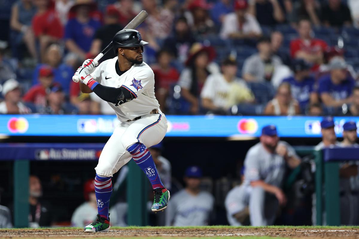 Otto Lopez of the Miami Marlins hits a single in the ninth inning of the 2026 MLB All-Star Game at Citizens Bank Park in Philadelphia on July 14, 2026. (Al Bello/Getty Images)