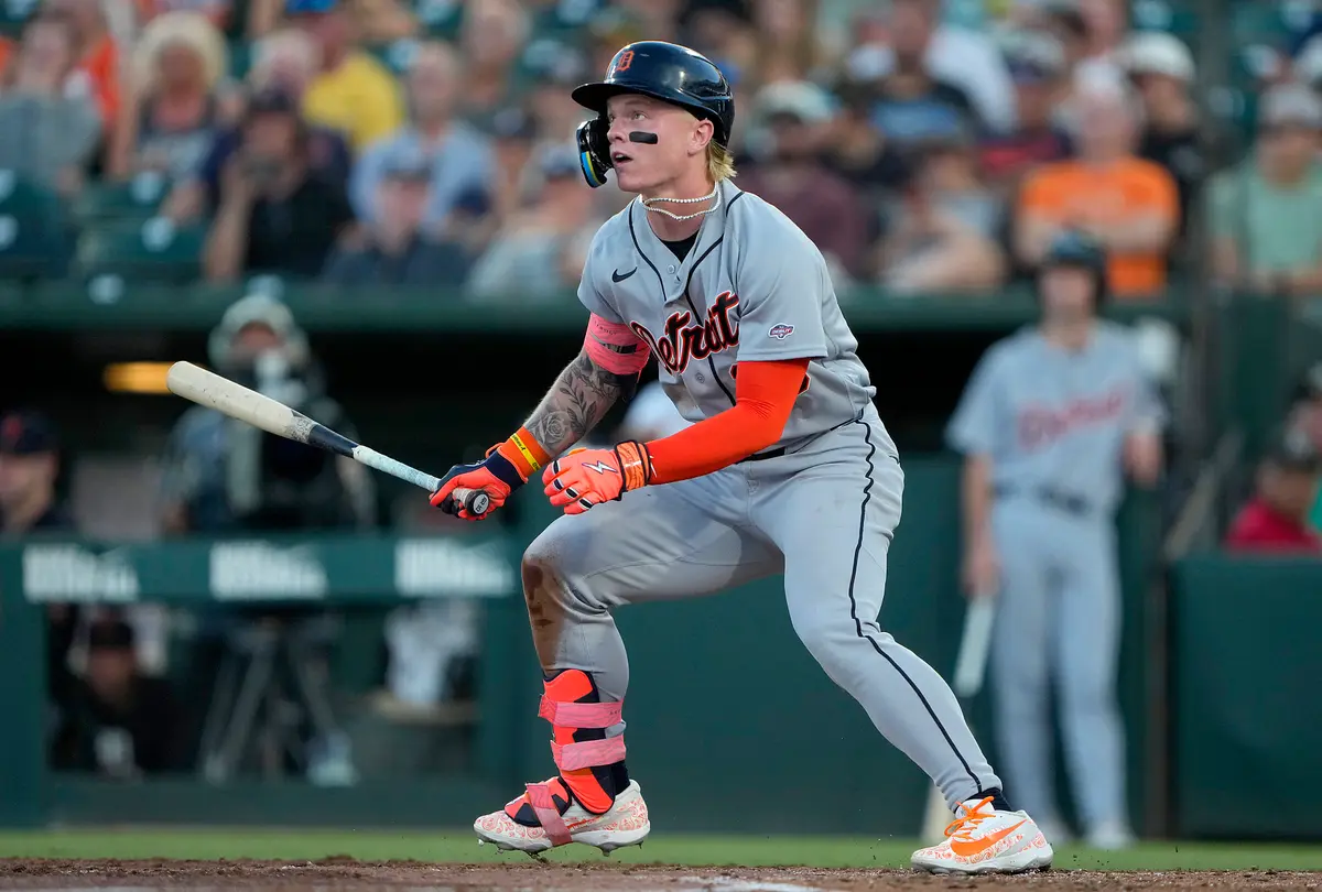 Max Clark #15 of the Detroit Tigers, making his major league debut, hits a single to left field against the Athletics in the top of the fourth inning at Sutter Health Park in Sacramento, Calif. on July 31, 2026. (Thearon W. Henderson/Getty Images)