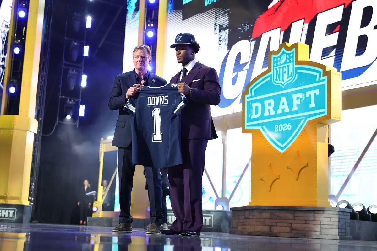 Caleb Downs (R) of Ohio State poses with NFL Commissioner Roger Goodell (L) after being selected as the 11th overall pick by the Dallas Cowboys during Round One of the 2026 NFL Draft at Acrisure Stadium in Pittsburgh, on April 23, 2026. (Emilee Chinn/Getty Images)