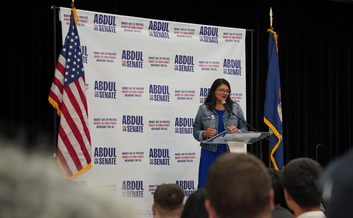 Rep. Rashida Tlaib (D-Mich.) speaks at a rally for Michigan Democratic Senate candidate Abdul El-Sayed in Dearborn, Mich., on July 31, 2026. (Jacob Burg/The Epoch Times)