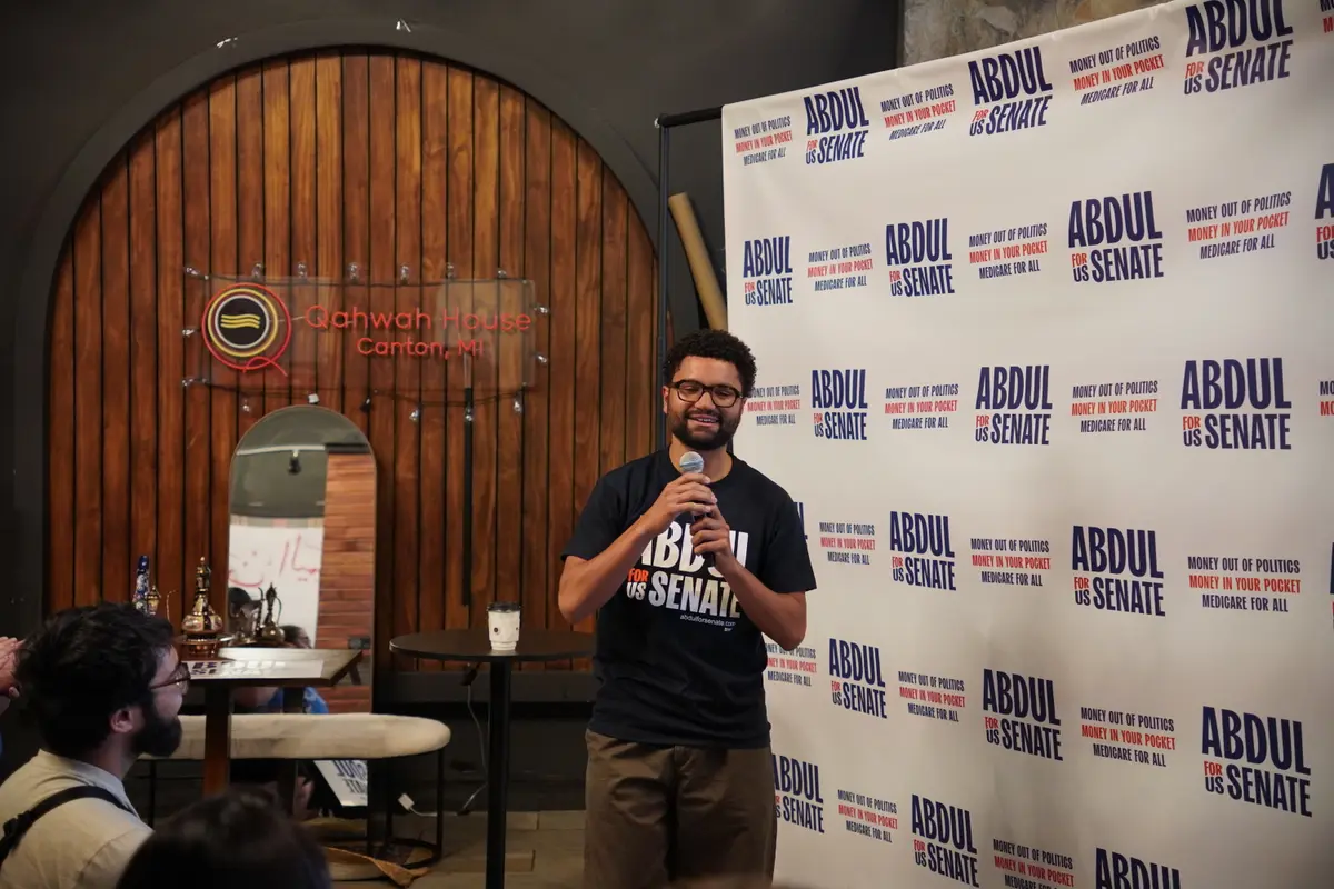 Rep. Maxwell Frost (D-Mich.) speaks at a rally for Michigan Democratic Senate Candidate Abdul El-Sayed in Canton Township, Mich., on July 29, 2026. (Jacob Burg/The Epoch Times)