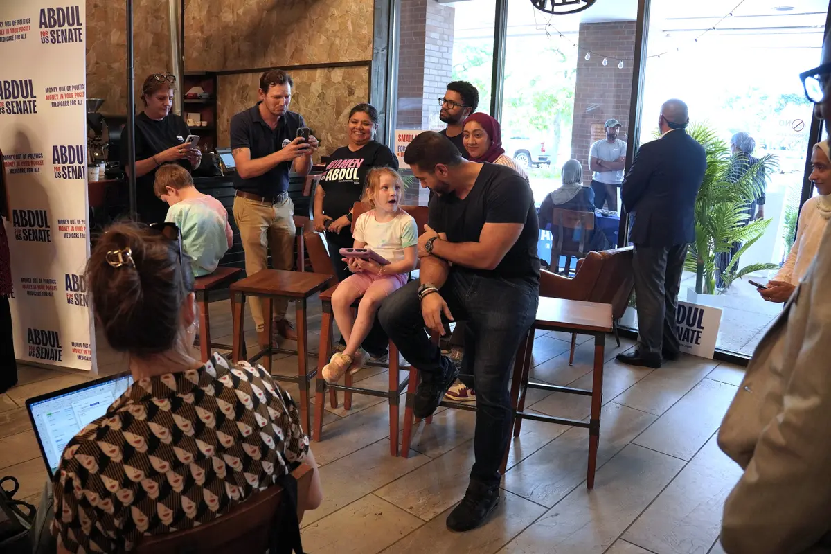 Michigan Democratic Senate candidate Abdul El-Sayed waits to take the stage at his rally in Canton Township, Michigan, on July 29, 2026. (Jacob Burg/The Epoch Times)