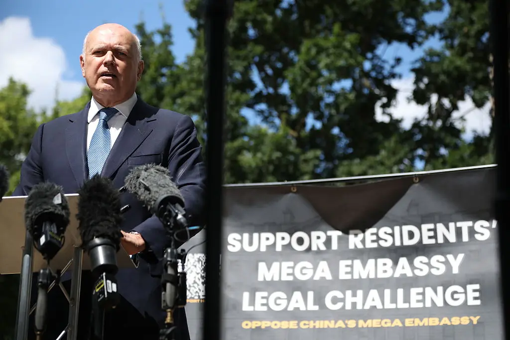 Iain Duncan Smith speaks during a press conference at Victoria Tower Gardens in London on July 31, 2026. (Alishia Abodunde/Getty Images)
