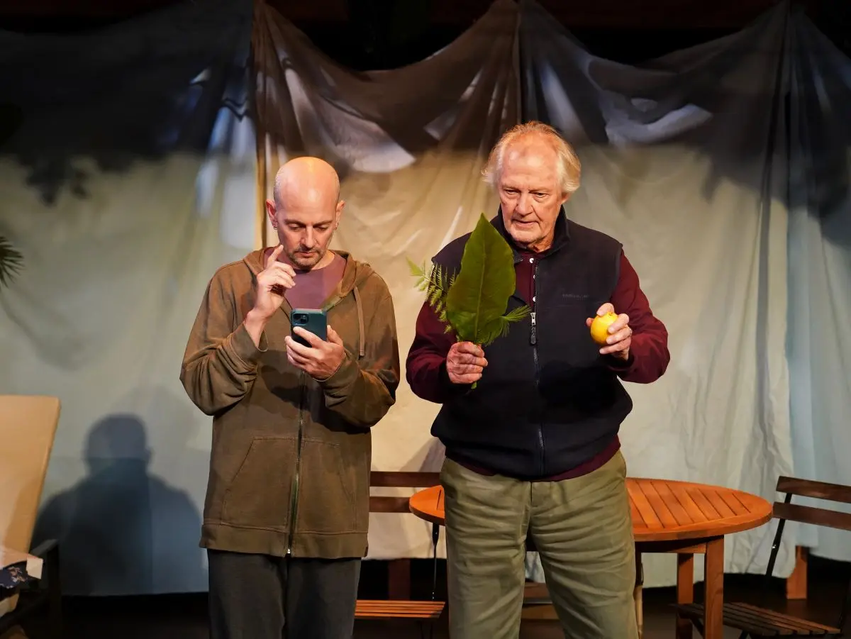 (L–R) Jonathan Slavin plays Patrick's son Asher, who was the main caregiver for his cancer-stricken mother, and Andy Robinson plays the grieving widower, Patrick, in "Sukkot." (Carol Rosegg)