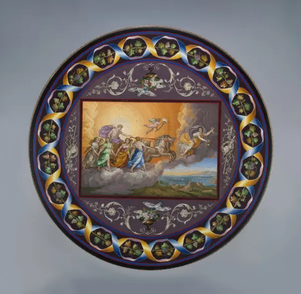 “Aurora and the Chariot of Apollo,” 1822, by Gioacchino Barberi, after a painting by Guido Reni. Micromosaic tabletop; 37 inches in diameter. Bequest of Barbara Bodne Anspach, 2014; Metropolitan Museum of Art, New York. (Public Domain)