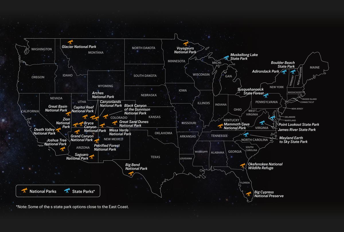获得国际暗空协会(DarkSky)认证的19座美国国家公园分布示意图。(The Epoch Times)