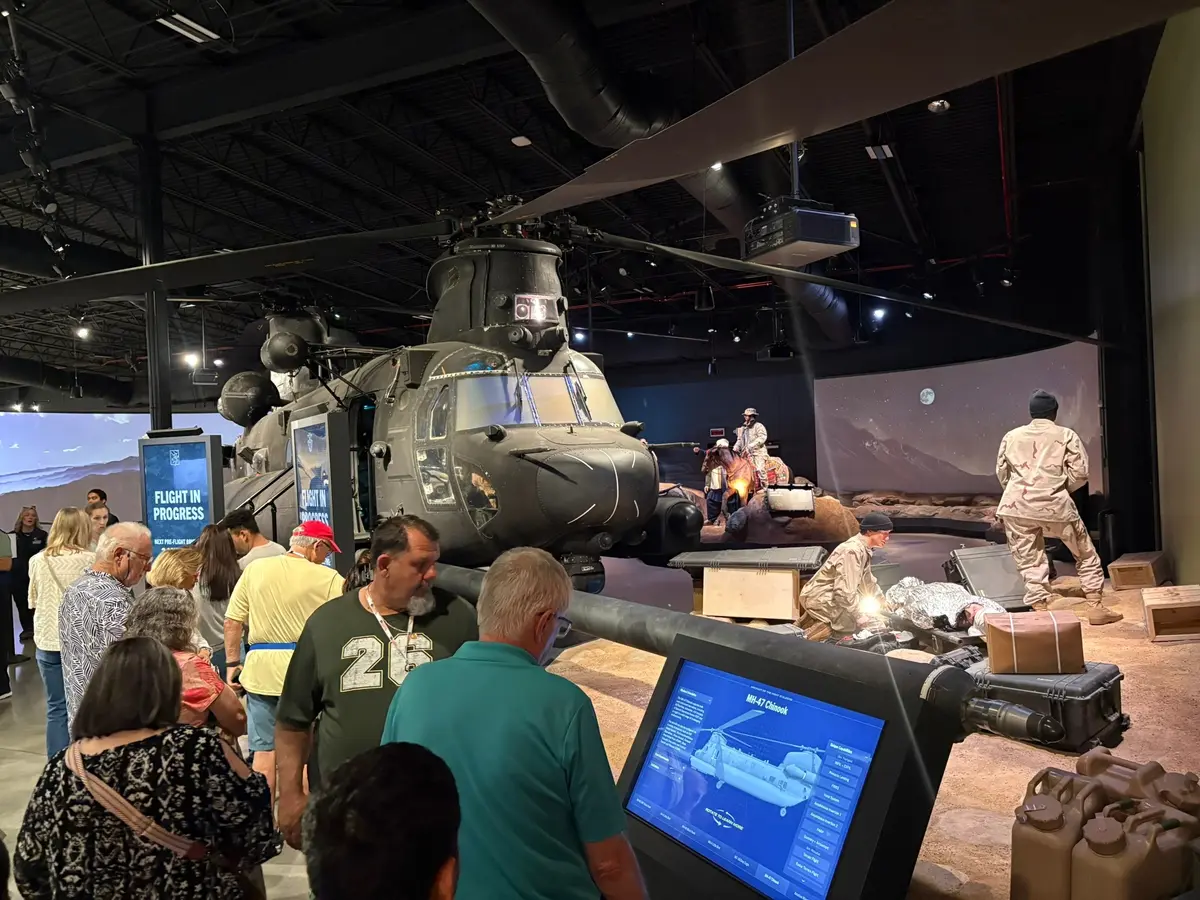 Tennessee Wings of Liberty Museum docents—mostly military veterans—lead visitors through a flight simulation on a refurbished MH-47 Chinook helicopter. (Photo courtesy of Alison Ramsey)