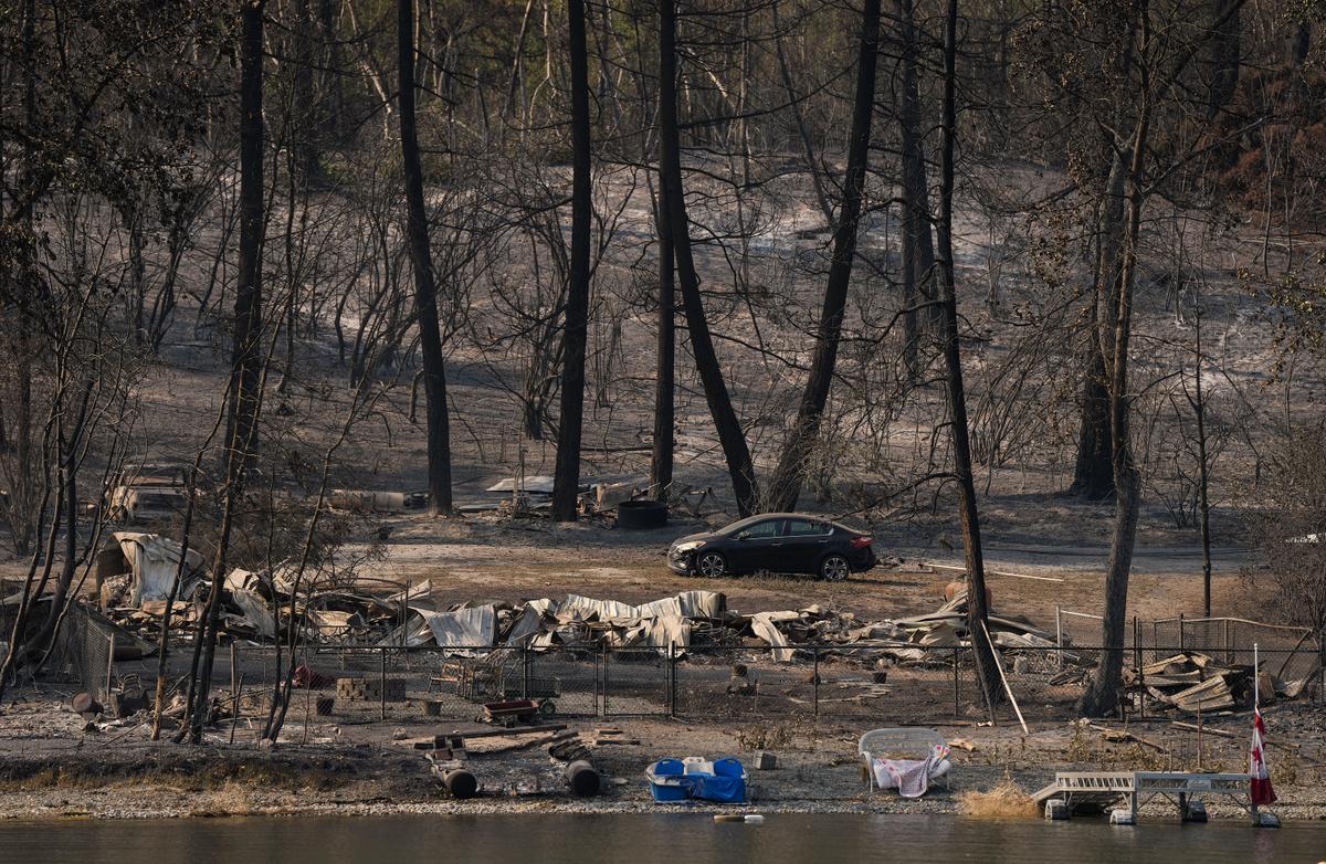A property on Okanagan Indian Band land that was destroyed by the Bradley Creek wildfire in Vernon, B.C., on Aug. 4, 2026. (The Canadian Press/Darryl Dyck)