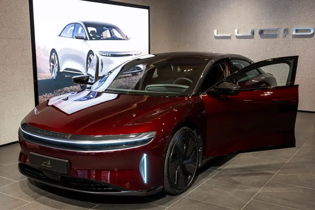 A model of the Lucid AIR electric car is displayed at a showroom of LUCID, an American automotive and technology company that manufactures electric vehicles, in the Norwegian capital Oslo, on Sept. 25, 2024. (Jonathan Nackstrand/AFP via Getty Images)