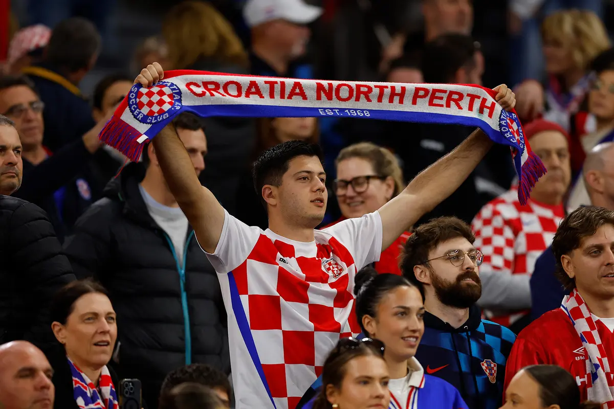 A Croatia fan shows support during a match at Optus Stadium in Perth, Australia, on Aug. 5, 2026. (James Worsfold/Getty Images)