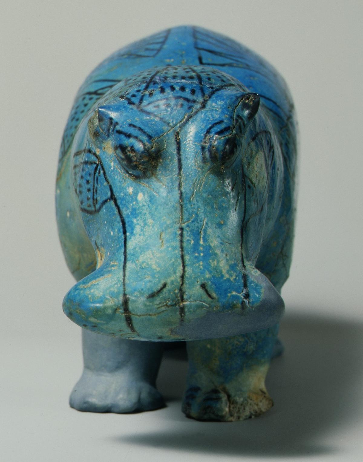 Hippopotamus ("William"), circa 1961 B.C.–1878 B.C., from the Middle Kingdom of Egypt. Faience; 7 7/8 inches by 2 15/16 inches by 4 7/16 inches. Metropolitan Museum of Art, New York City. (Public Domain)