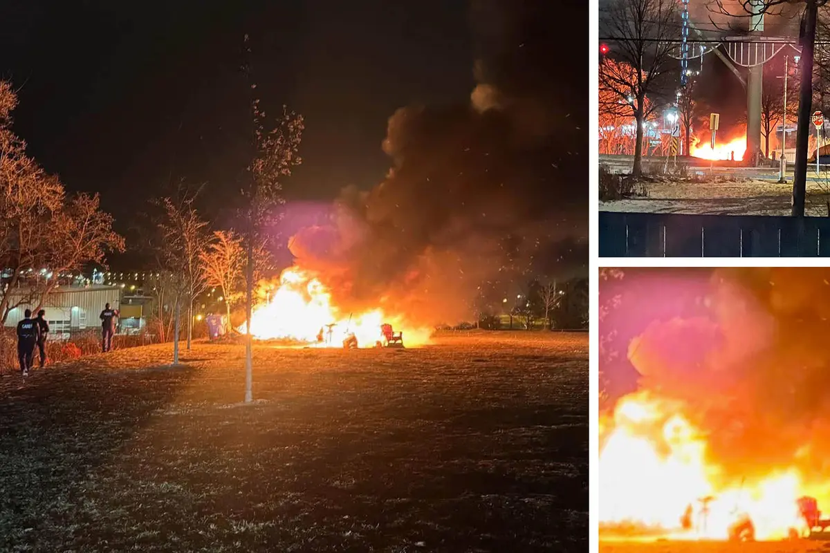 The tent fire in the gravel parking lot of Hutch’s diner at Hamilton’s Bayfront Park on Jan. 5, 2025. (Courtesy of Christine Fox)