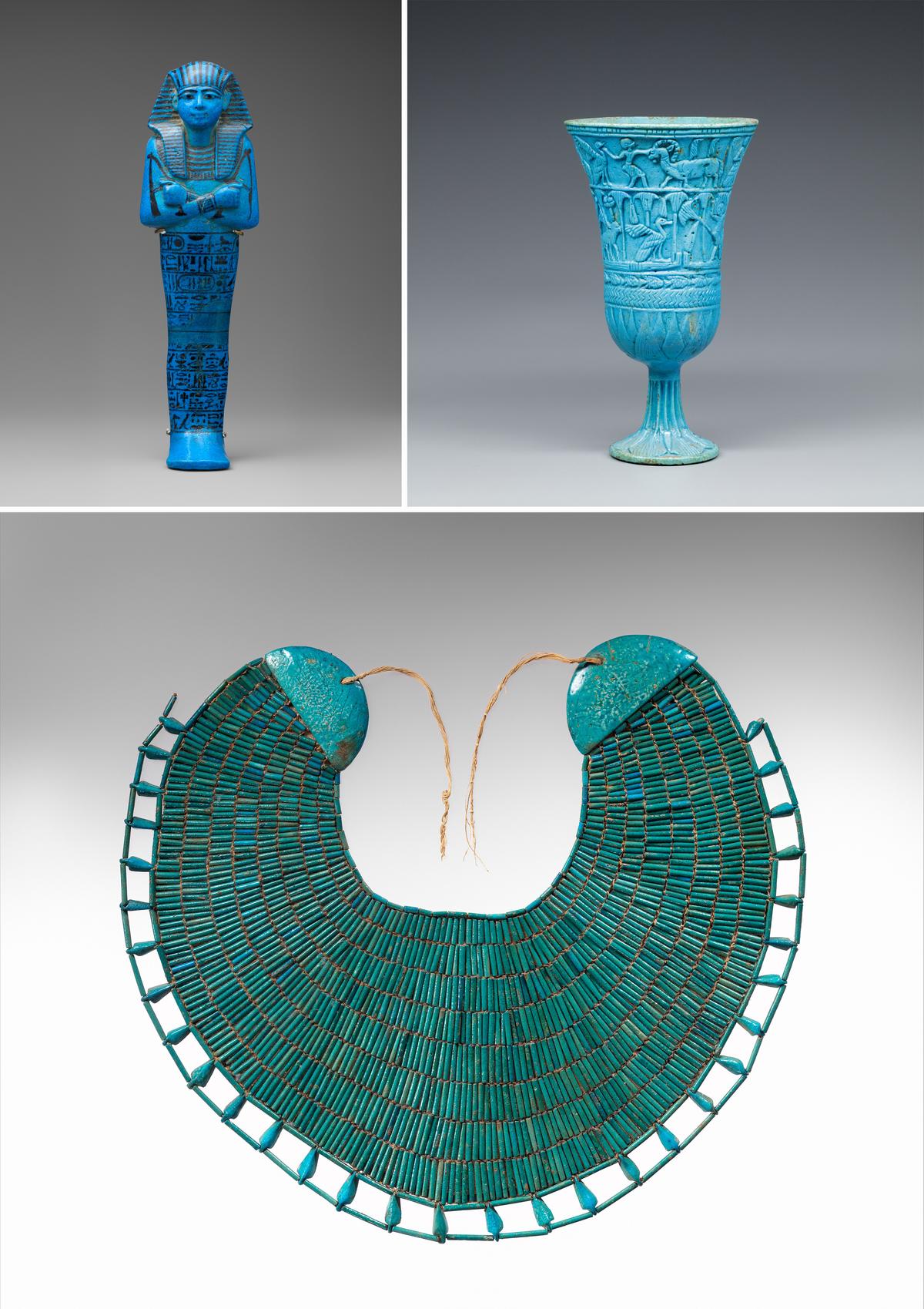 (Left) "Shabti of Seti I," circa 1299–1290 B.C., from the New Kingdom of Egypt. Faience, paint; 12 inches by 3 7/16 inches by 2 9/16 inches. (Right) "Lotiform Chalice," circa 945–664 B.C., from the third Intermediate Period of Egypt. Faience; 5 11/16 inches. (Bottom) "Broad Collar of Wah," circa 1981–1975 B.C., from the reign of Amenemhat I during the Middle Kingdom of Egypt. Faience, linen thread; 13 9/16 inches by 15 3/8 inches. Metropolitan Museum of Art, New York City. (Public Domain)