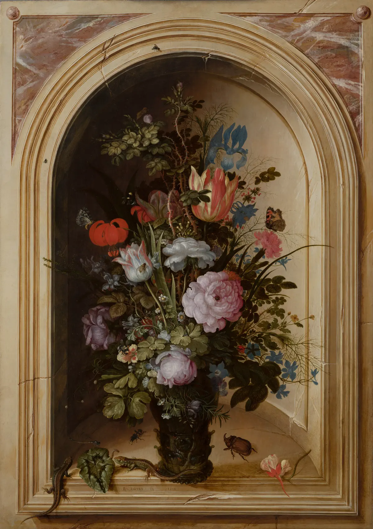 "Vase of Flowers in a Stone Niche," 1615, by Roelant Savery. Oil on panel; 25 inches by 17 3/3 inches. Mauritshuis, The Hague, Netherlands. (Public Domain)