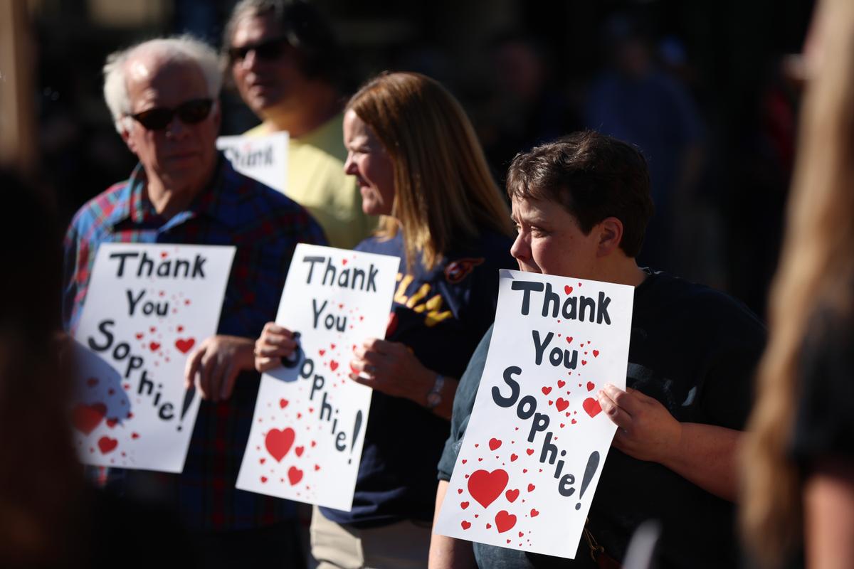 People show support for Sophie Cunningham during a rally before an Indiana Fever game against the Portland Fire at Moda Center in Portland, Ore., on July 31, 2026. (Amanda Loman/Getty Images)