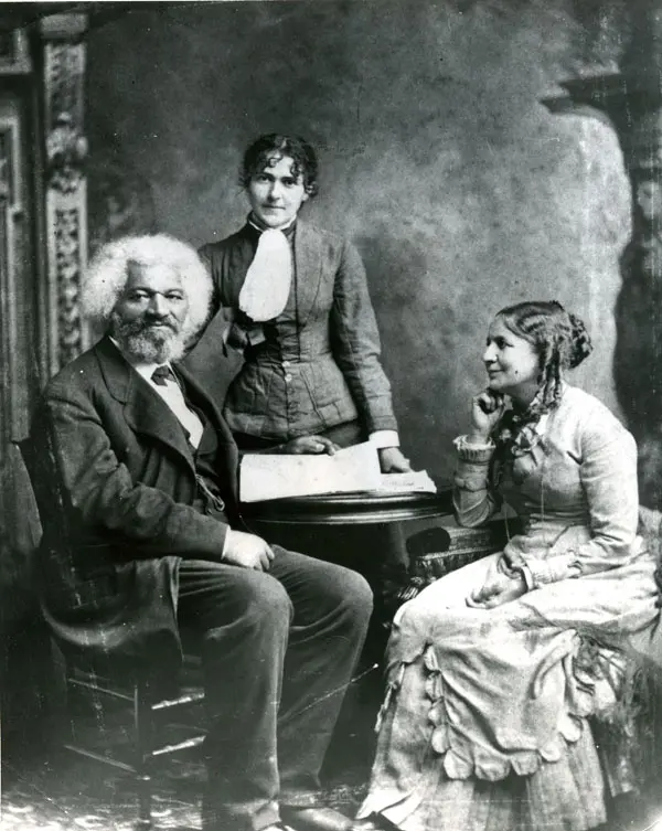 (L–R) Frederick Douglass with Eva Pitts and his second wife, Helen Pitts Douglass. (Public Domain)