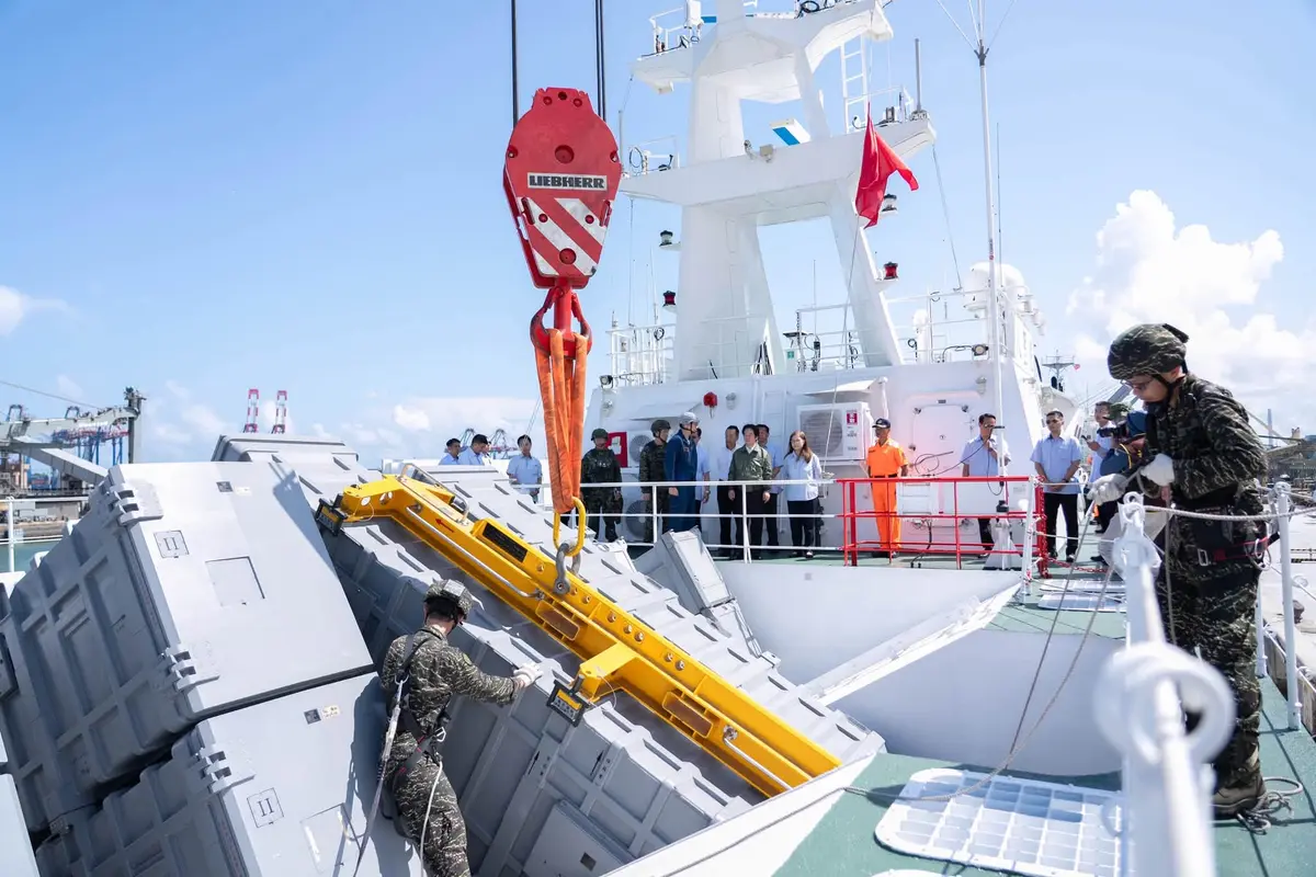 Taiwanese President Lai Ching-te boards an Anping class coast guard vessel while inspecting defensive preparations at Taipei Port in New Taipei City, Taiwan, on Aug. 6, 2026. (Courtesy of the Office of the ROC President)