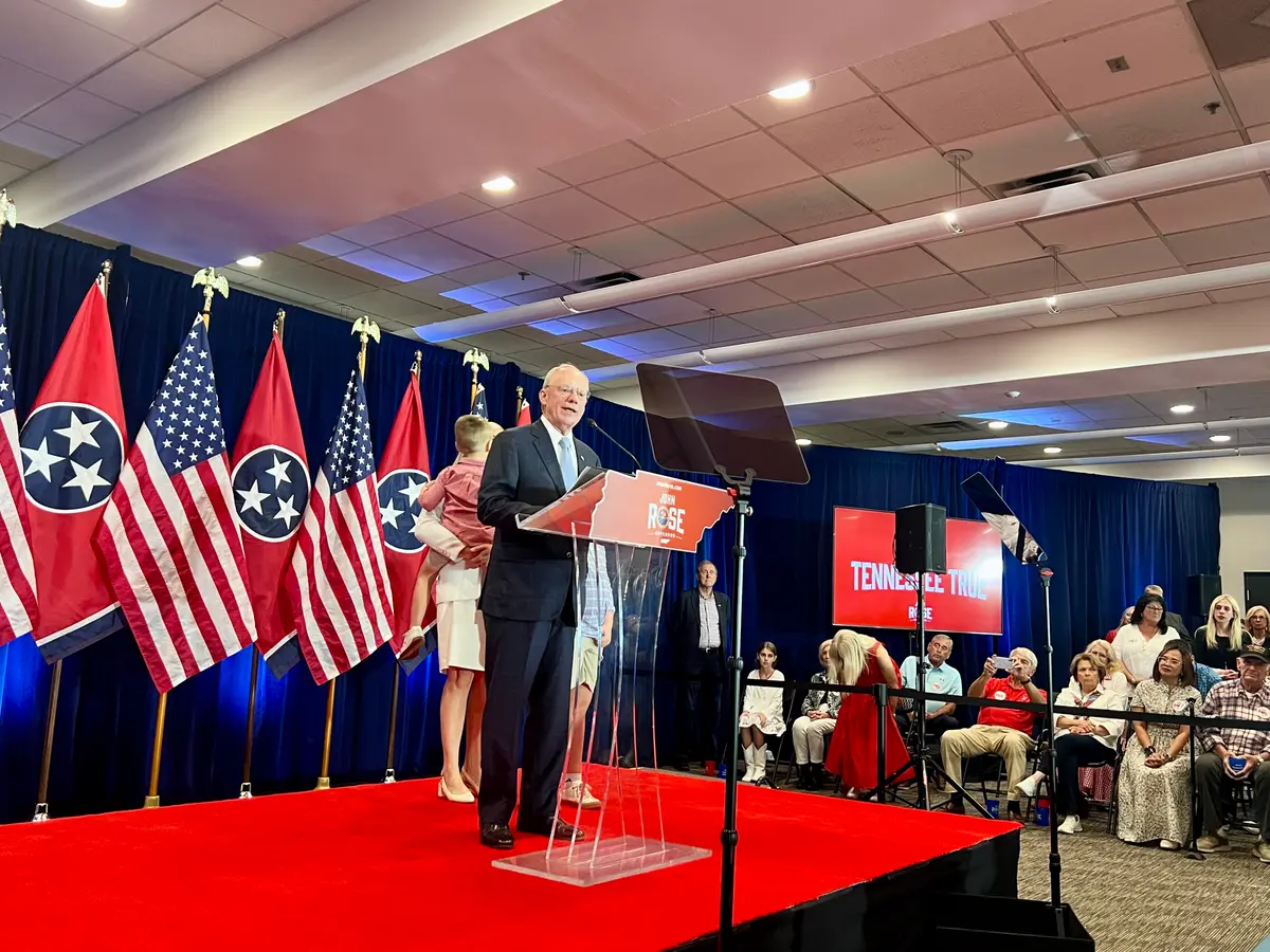 John Rose spoke to supporters in Cookeville's Leslie Town Centre, saying he congratulated Marsha Blackburn for winning Tennessee's gubernatorial primary on Aug. 6, 2026. (Jacki Thrapp/The Epoch Times)